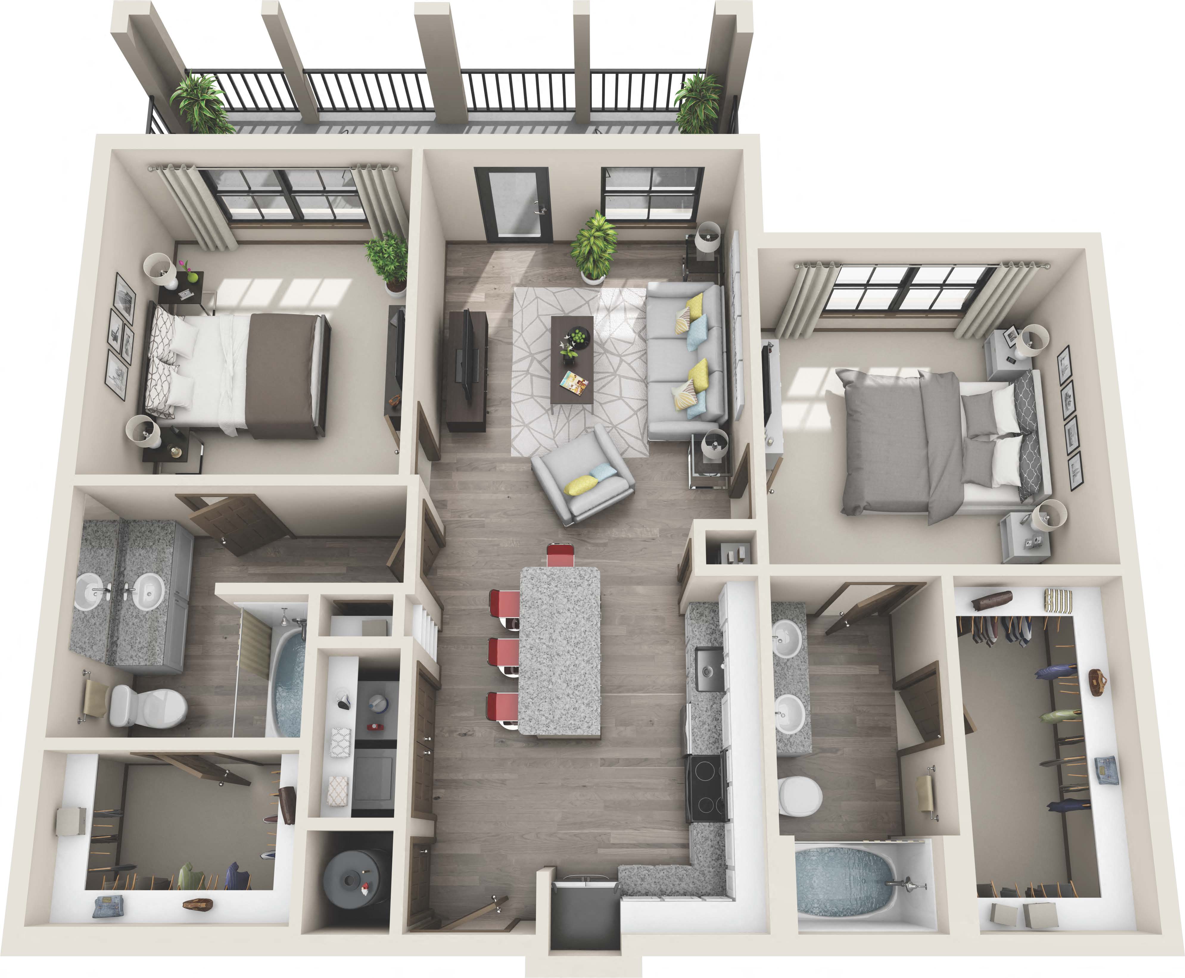 Floor plan for 2 beds, 2 baths, 1081 sqft